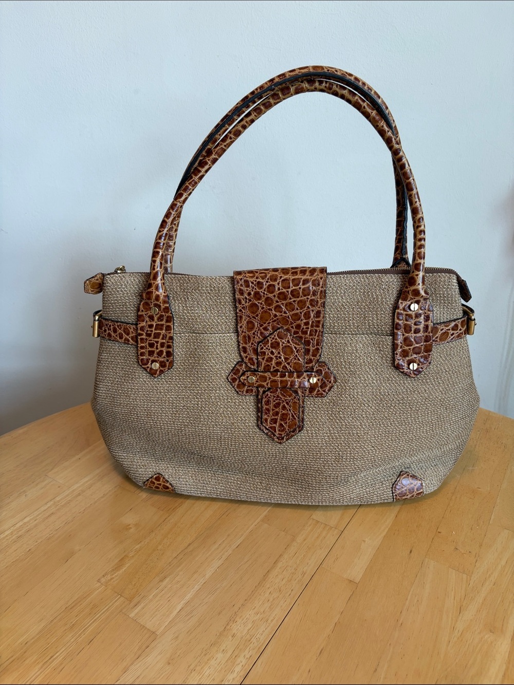 Eric Javits Tan and Brown Croc-Trim Shoulder Bag